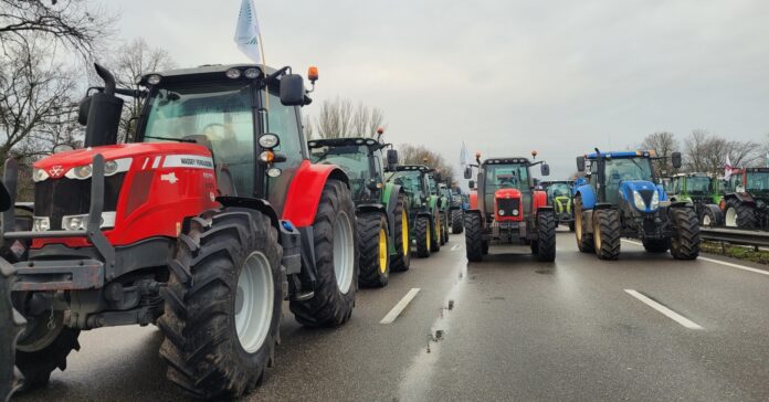 500 pagesos es van reunir a la carretera francesa M35 durant 24 hores abans d'arribar a París (Rue89 Strasbourg Flickr)