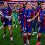 Les jugadores del Barça celebren la victòria a la Champions (German Parga/FC Barcelona)