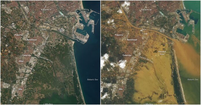 La imatge mostra l'abans i el després del pas de la DANA per València el passat 29 d'octubre (Landsat 8 usgs/NASA/alsospace)