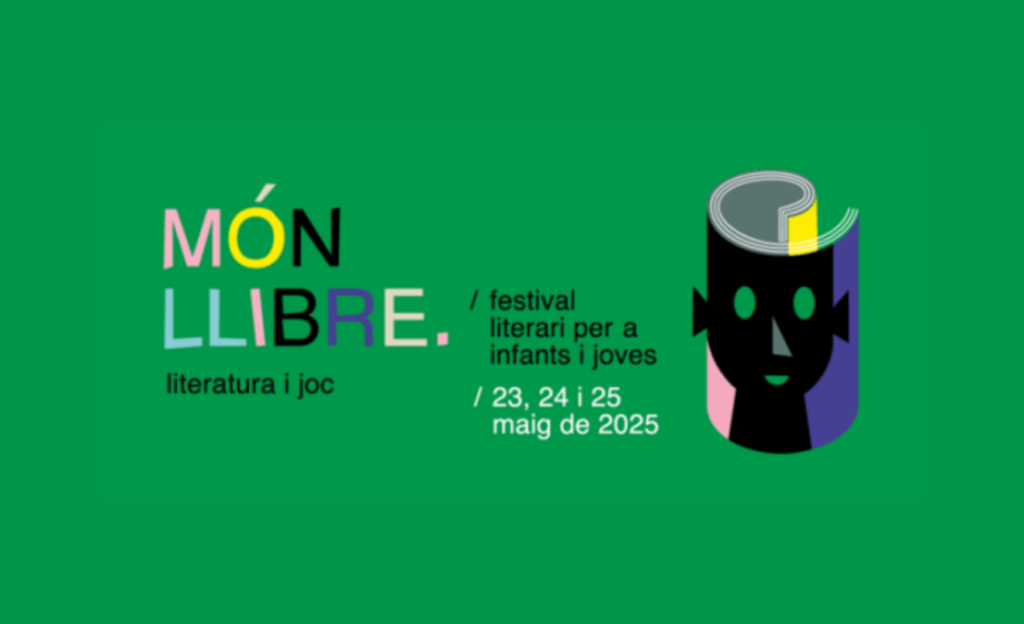 Imatge corporativa de Món Llibre anunciant les dates en què se celebra aquest any i juntament amb el dibuix d'un llibre en forma de con