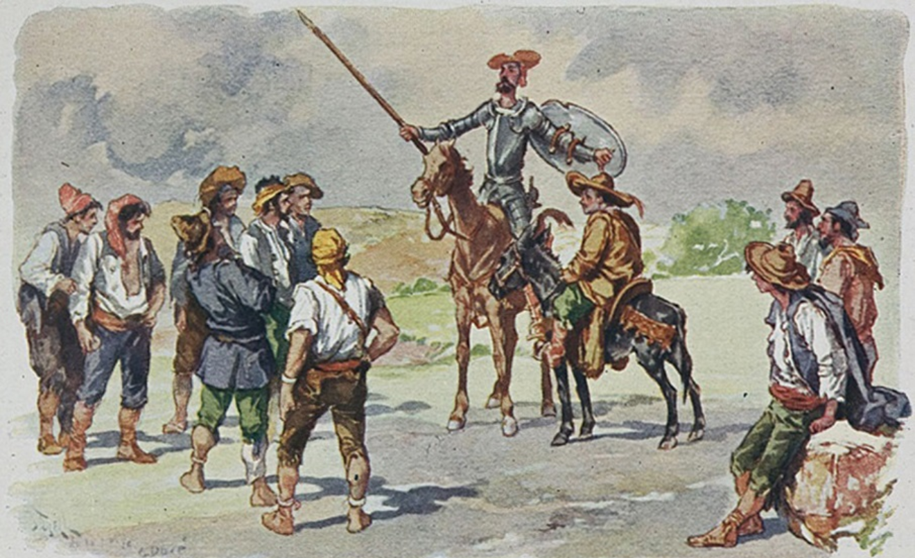 Escena de 'Don Quixot de la Manxa', en una aquarel·la de Salvador Tusell. (Wikimedia Commons)