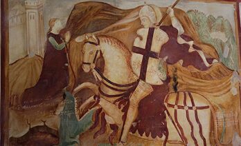 Pintura al fresc del segle XVI de Sant Jordi matant al drac (Wikimedia Commons/Museu regional de Koper)