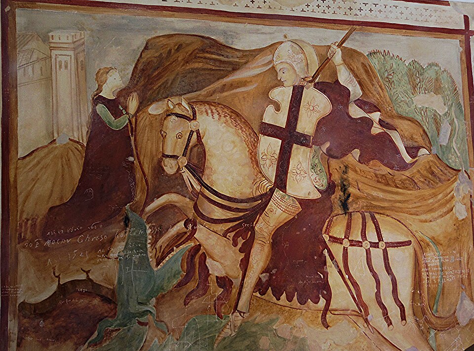 Pintura al fresc del segle XVI de Sant Jordi matant al drac (Wikimedia Commons/Museu regional de Koper)