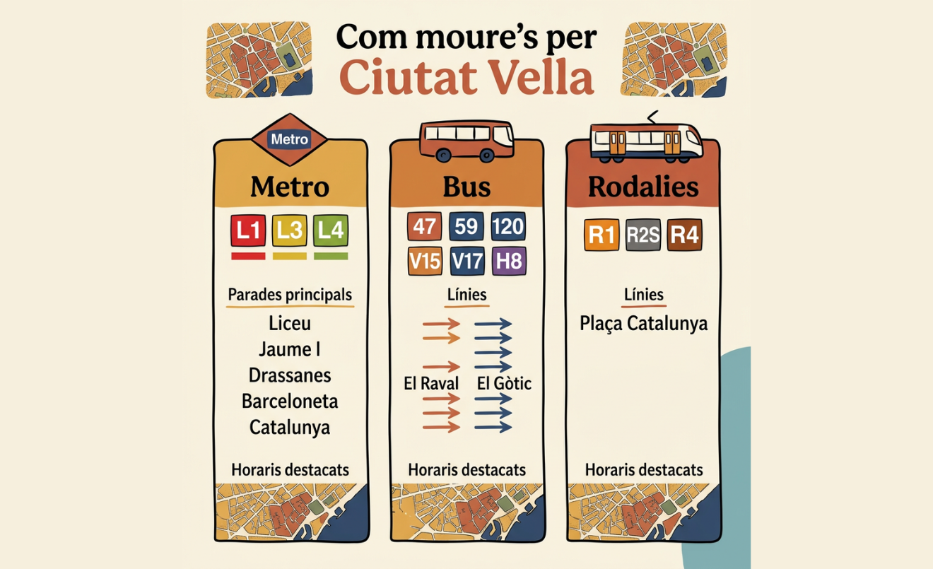 Com moure's en transport públic en Ciutat Vella (creació pròpia de l’alumnat redactor del reportatge).